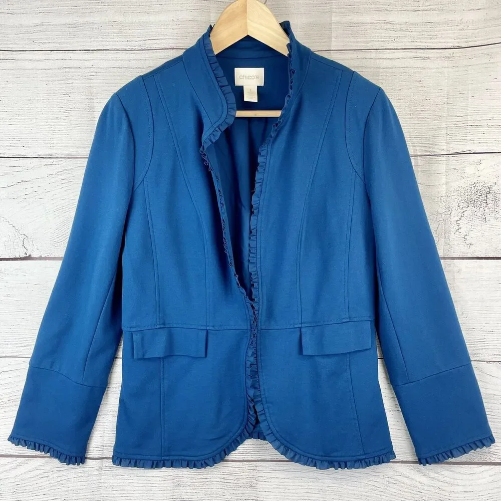 Chico's Teal Blue Blazer Jacket Ruffle Trim Lined Size 1 US M/8